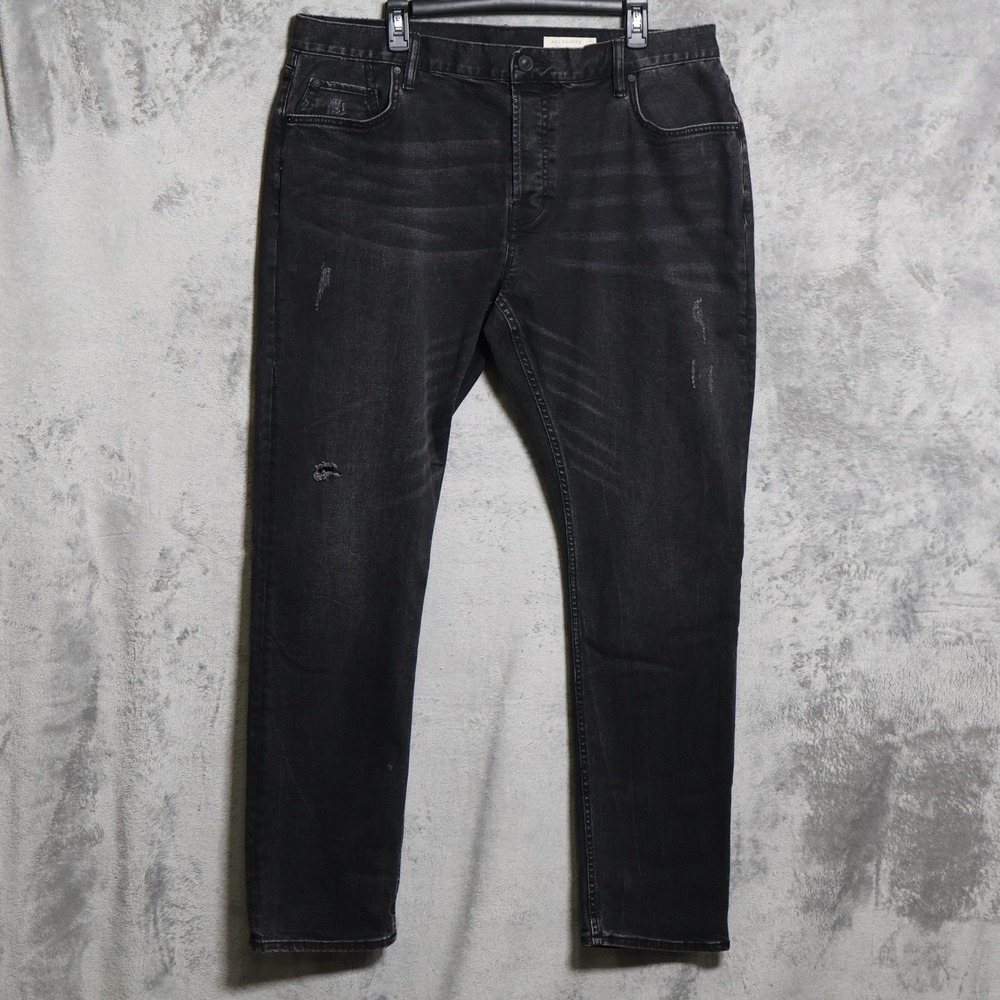 AllSaints Rex Jeans Mens 38x32 Black Distressed Slim Button Fly Whiskering